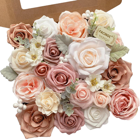 FACINOC Pink Rose Artificial Flowers Dusty Fake Flower with Stems Bulk for DIY Wedding Bouquets Bridal Baby Shower Centerpiece Table Decorations Silk Faux Floral Arrangements Party Home Decor Indoor