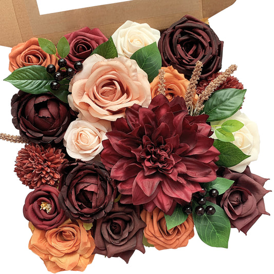 FACINOC Roses Artificial Flowers Burgundy Bouquet Fake Flower with Stems for DIY Bridal Wedding Shower Decorations Party Table Centerpieces Faux Silk Floral Arrangement for Home Decor Indoor Orange