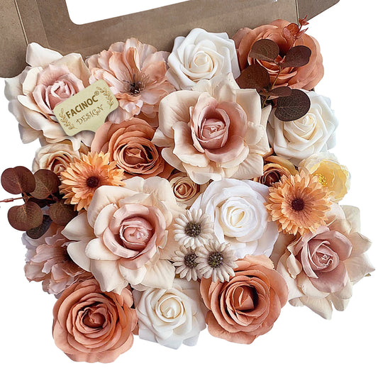FACINOC Roses Artificial Flowers Bouquet Combo Box Set for DIY Wedding Centerpieces for Table Bridal Baby Shower Party Decorations Fake Silk Floral Arrangements for Home Decor Indoor Peach Pink