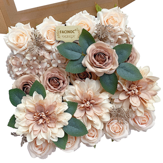 FACINOC Roses Artificial Flowers Bouquets Box Set for DIY Bridal Wedding Shower Decorations Centerpieces for Table Fake Floral Arrangement for Party Home Decor Indoor Taupe Beige