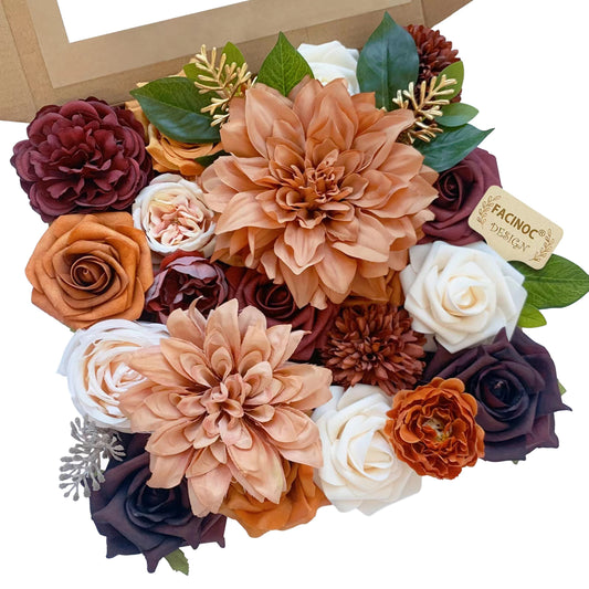 FACINOC Roses Artificial Flowers Orange Bouquet Box Set Fake Flower with Stems for DIY Bridal Wedding Shower Decorations Centerpieces for Table Faux Silk Floral Arrangement for Party Home Decor Indoor