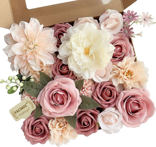 FACINOC Roses Artificial Flowers Pink Bouquets Box Set for DIY Bridal Wedding Shower Decorations Fake Floral Arrangements for Party Table Centerpieces Home Decor Indoor Outdoor Dusty Blush 19pcs…